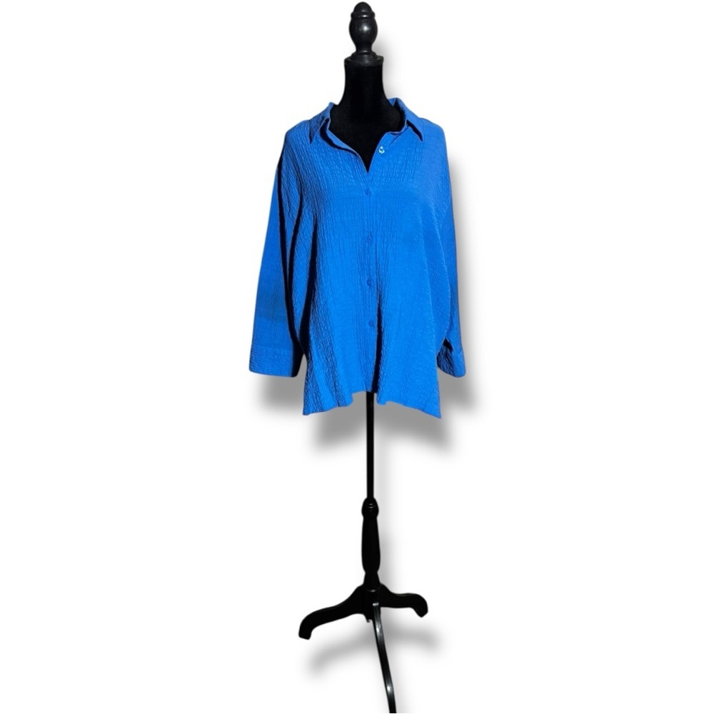 White Stag Royal Blue 3/4 Sleeve Collared Textured Loose Fit Button Down Shirt - Picture 2 of 15